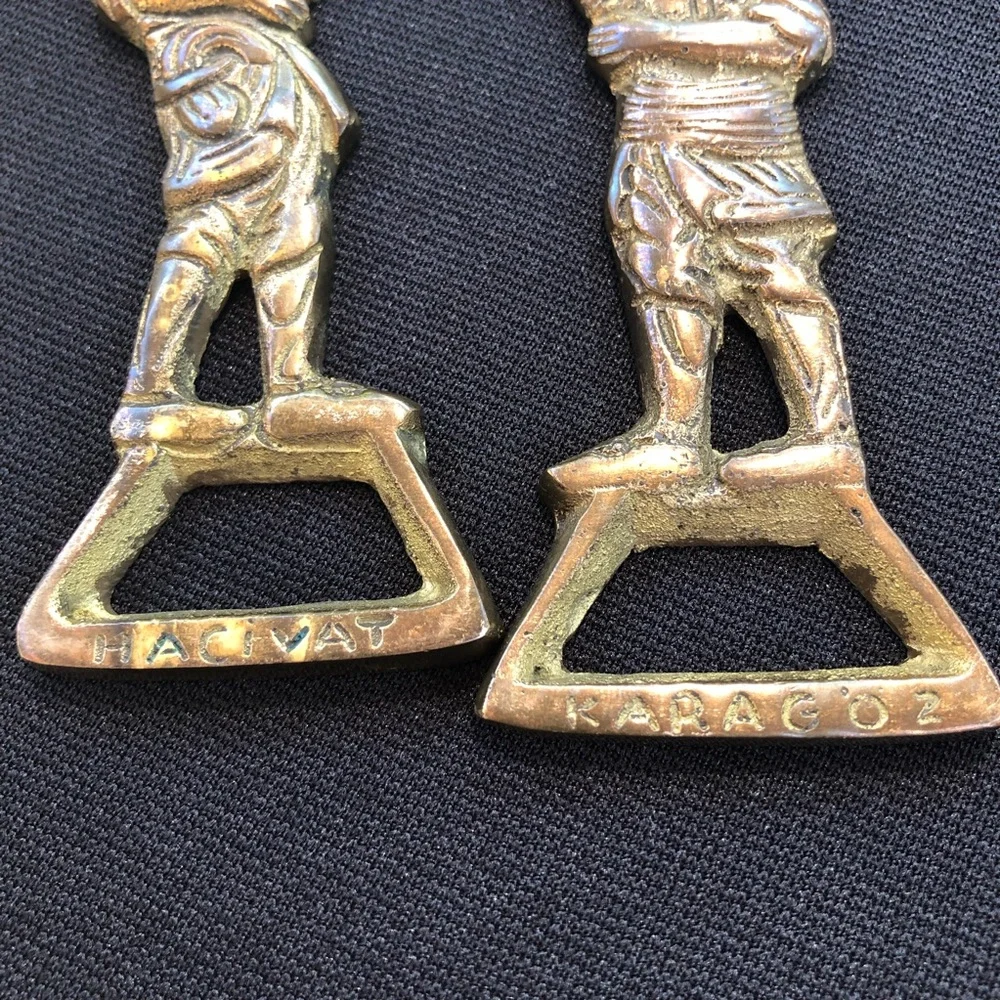 Two Vintage Karagoz & Hacivat Figures Brass Bottle Openers - Barware - Turkey